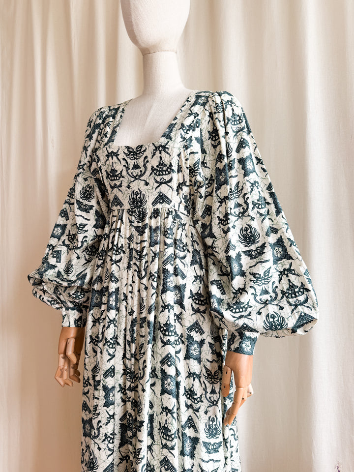Astounding Rare One of a kind Batik Print 70s Billowing Sleeve Cotton Maxi Dress