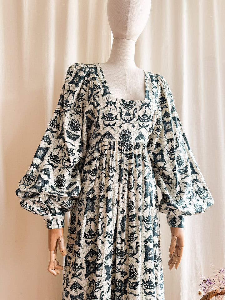 Astounding Rare One of a kind Batik Print 70s Billowing Sleeve Cotton Maxi Dress