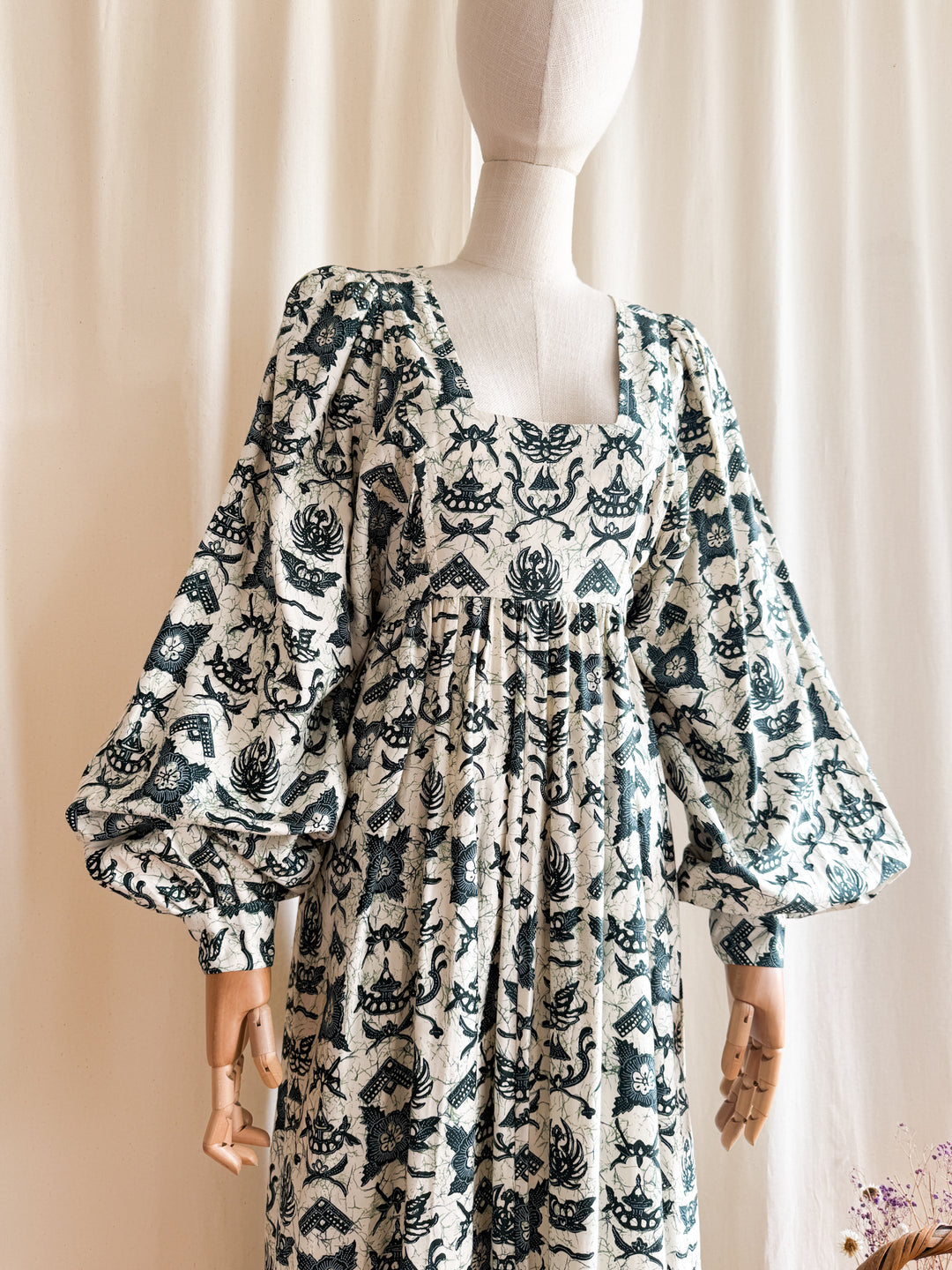 Astounding Rare One of a kind Batik Print 70s Billowing Sleeve Cotton Maxi Dress