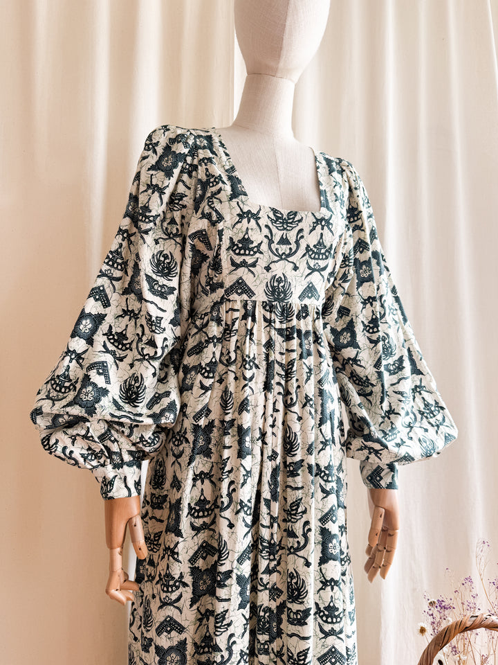 Astounding Rare One of a kind Batik Print 70s Billowing Sleeve Cotton Maxi Dress