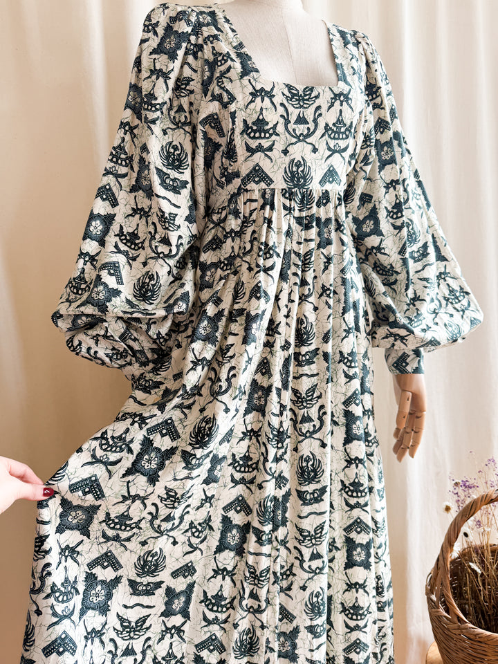 Astounding Rare One of a kind Batik Print 70s Billowing Sleeve Cotton Maxi Dress