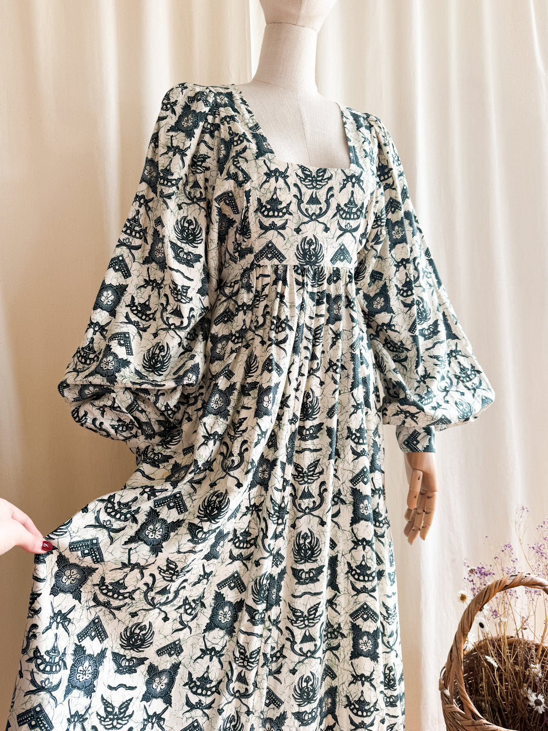 Astounding Rare One of a kind Batik Print 70s Billowing Sleeve Cotton Maxi Dress