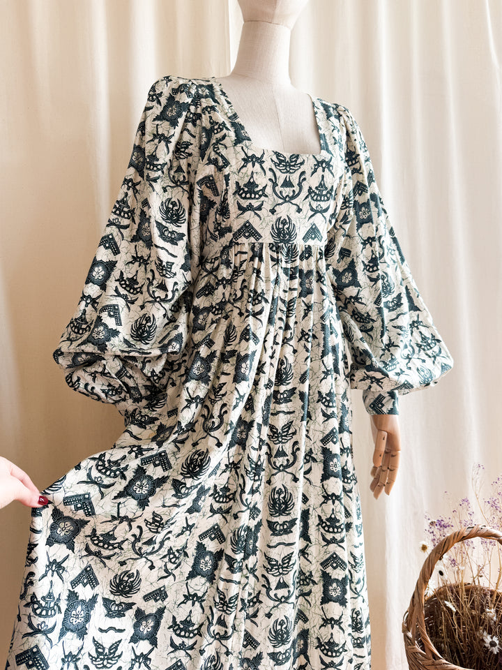Astounding Rare One of a kind Batik Print 70s Billowing Sleeve Cotton Maxi Dress