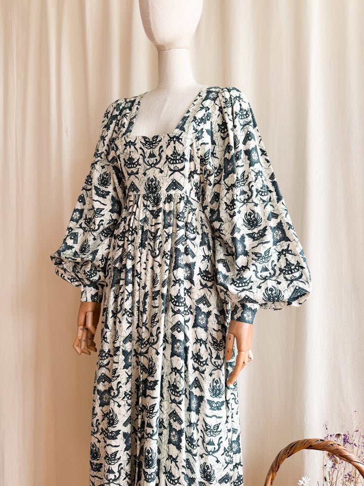 Astounding Rare One of a kind Batik Print 70s Billowing Sleeve Cotton Maxi Dress