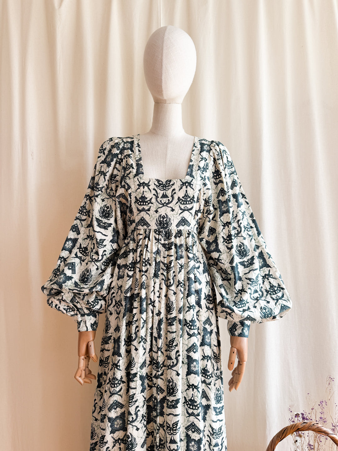 Astounding Rare One of a kind Batik Print 70s Billowing Sleeve Cotton Maxi Dress