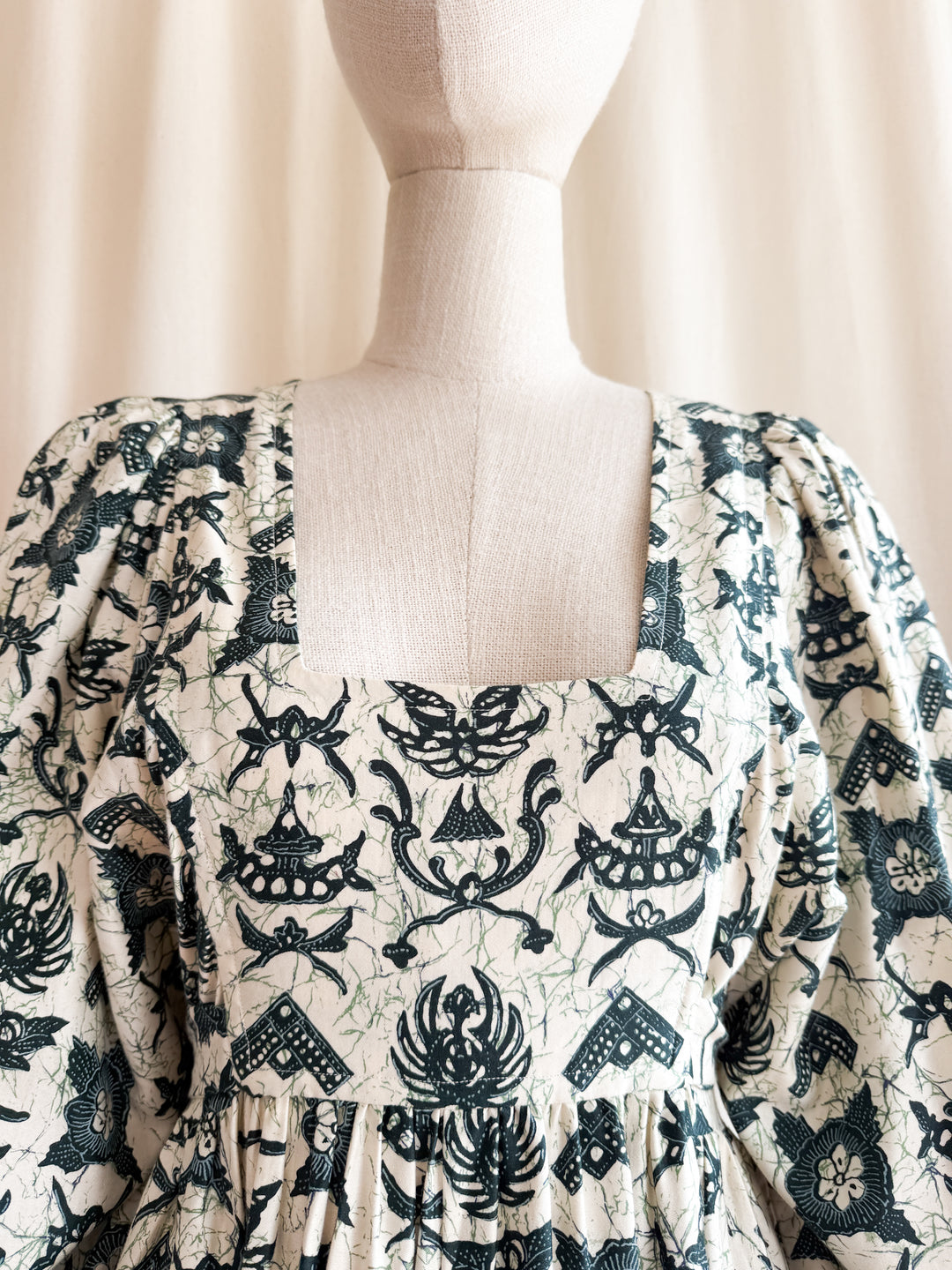 Astounding Rare One of a kind Batik Print 70s Billowing Sleeve Cotton Maxi Dress