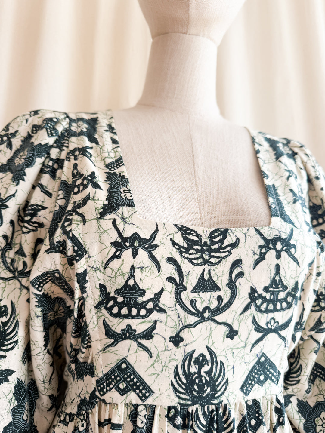 Astounding Rare One of a kind Batik Print 70s Billowing Sleeve Cotton Maxi Dress