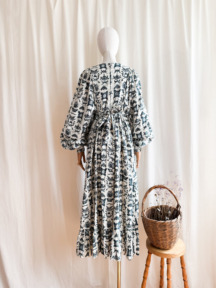 Astounding Rare One of a kind Batik Print 70s Billowing Sleeve Cotton Maxi Dress