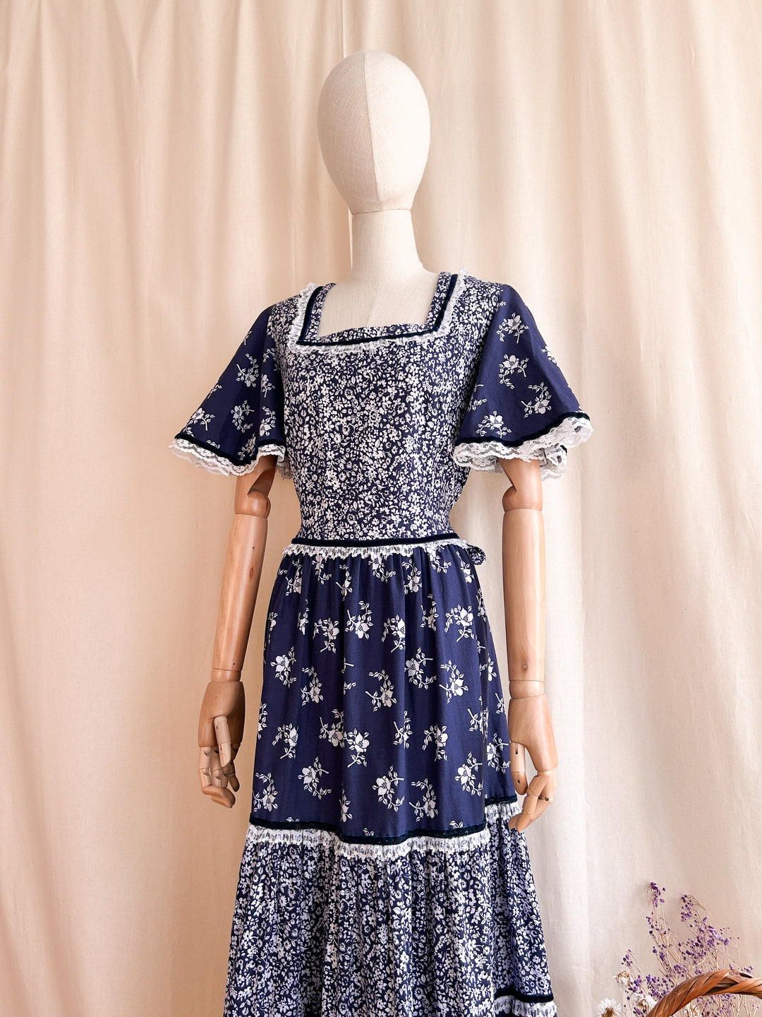 Stunning navy cotton floral prairie dress