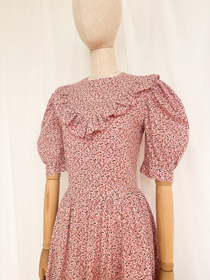 Adorable Handmade Pink Floral Cotton Puff Sleeve Midi Dress
