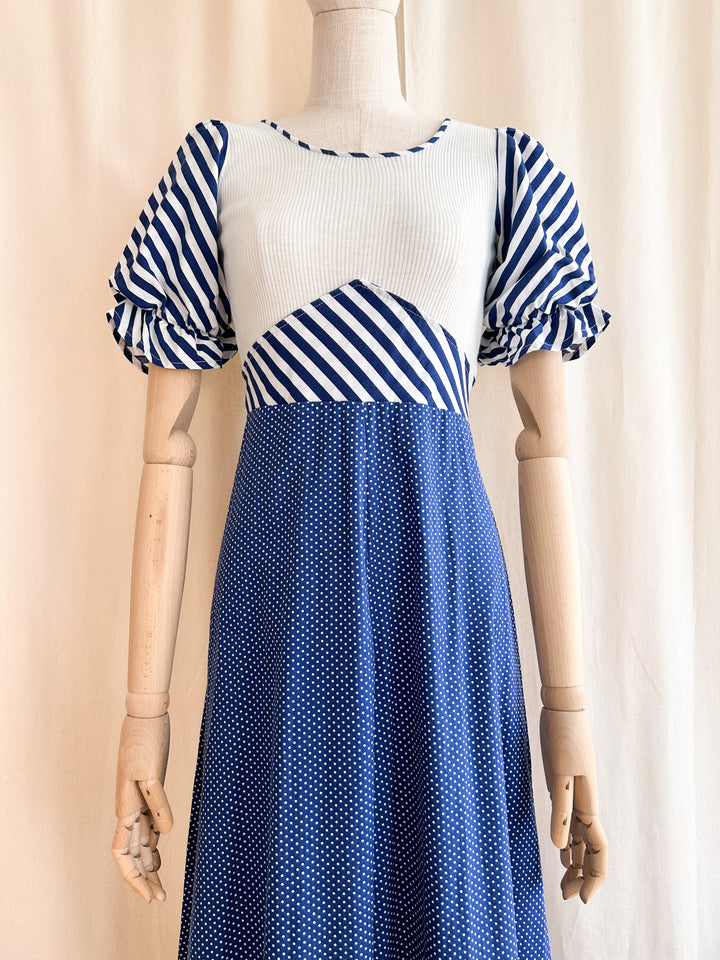 Gorgeous french girl ribbed bodice cotton 70s prairie dress