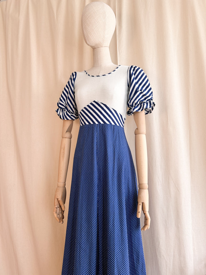 Gorgeous french girl ribbed bodice cotton 70s prairie dress