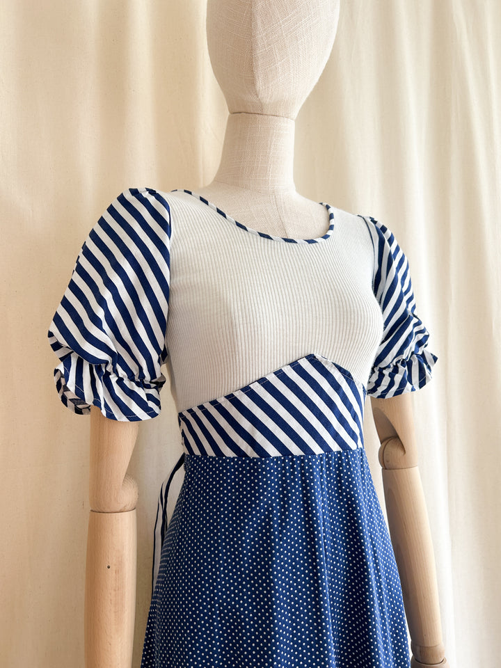 Gorgeous french girl ribbed bodice cotton 70s prairie dress