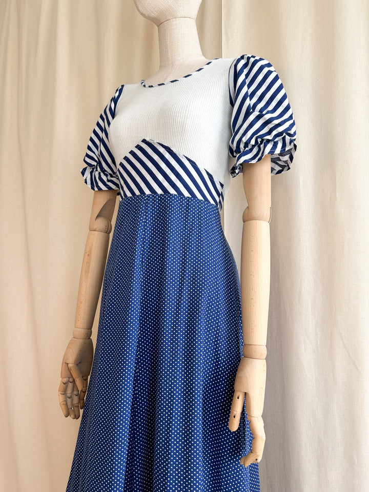 Gorgeous french girl ribbed bodice cotton 70s prairie dress