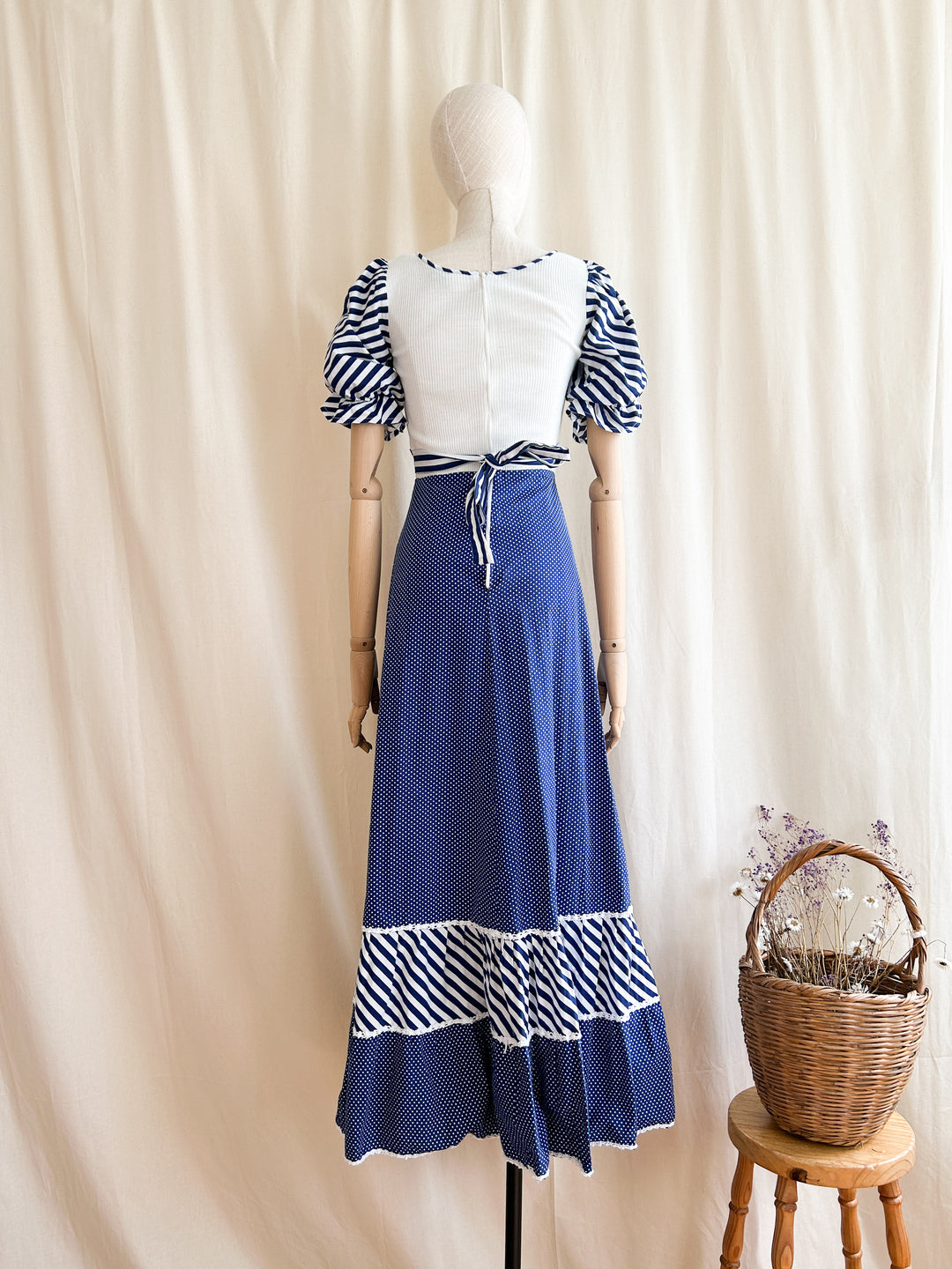 Gorgeous french girl ribbed bodice cotton 70s prairie dress