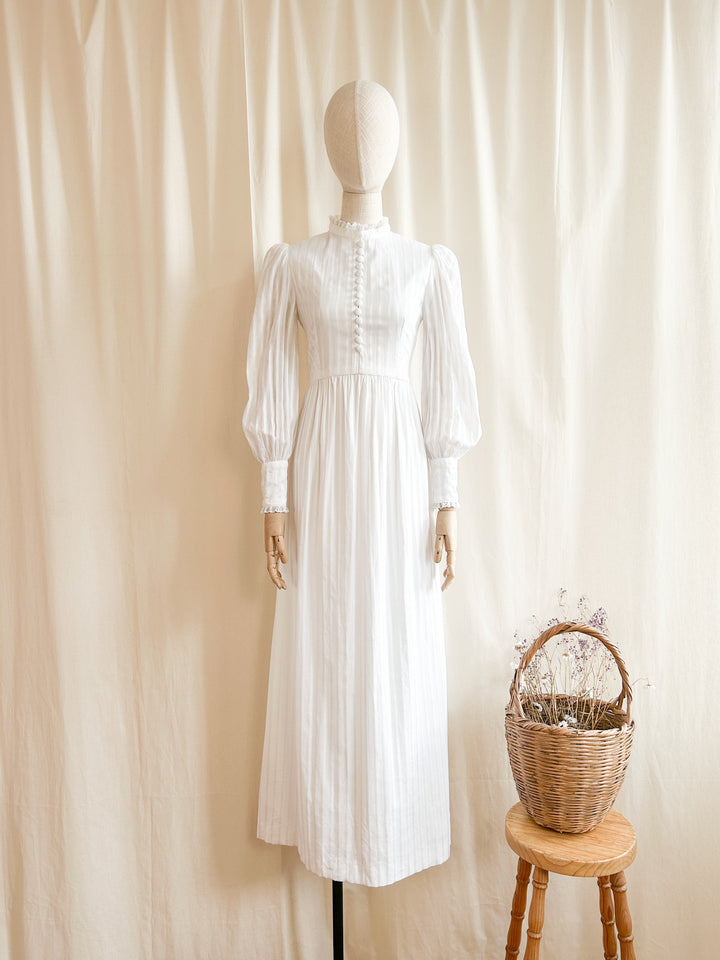 The Clarice ~ divine white self stripe cotton 70s maxi dress