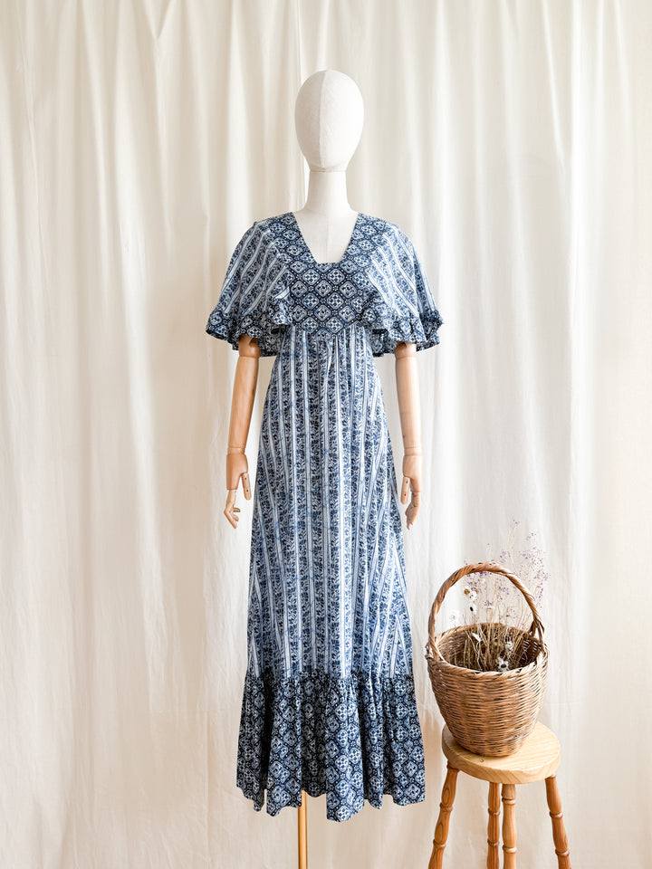 Stunning 70s Mister Ant Bohemian Blue Cotton Maxi Dress