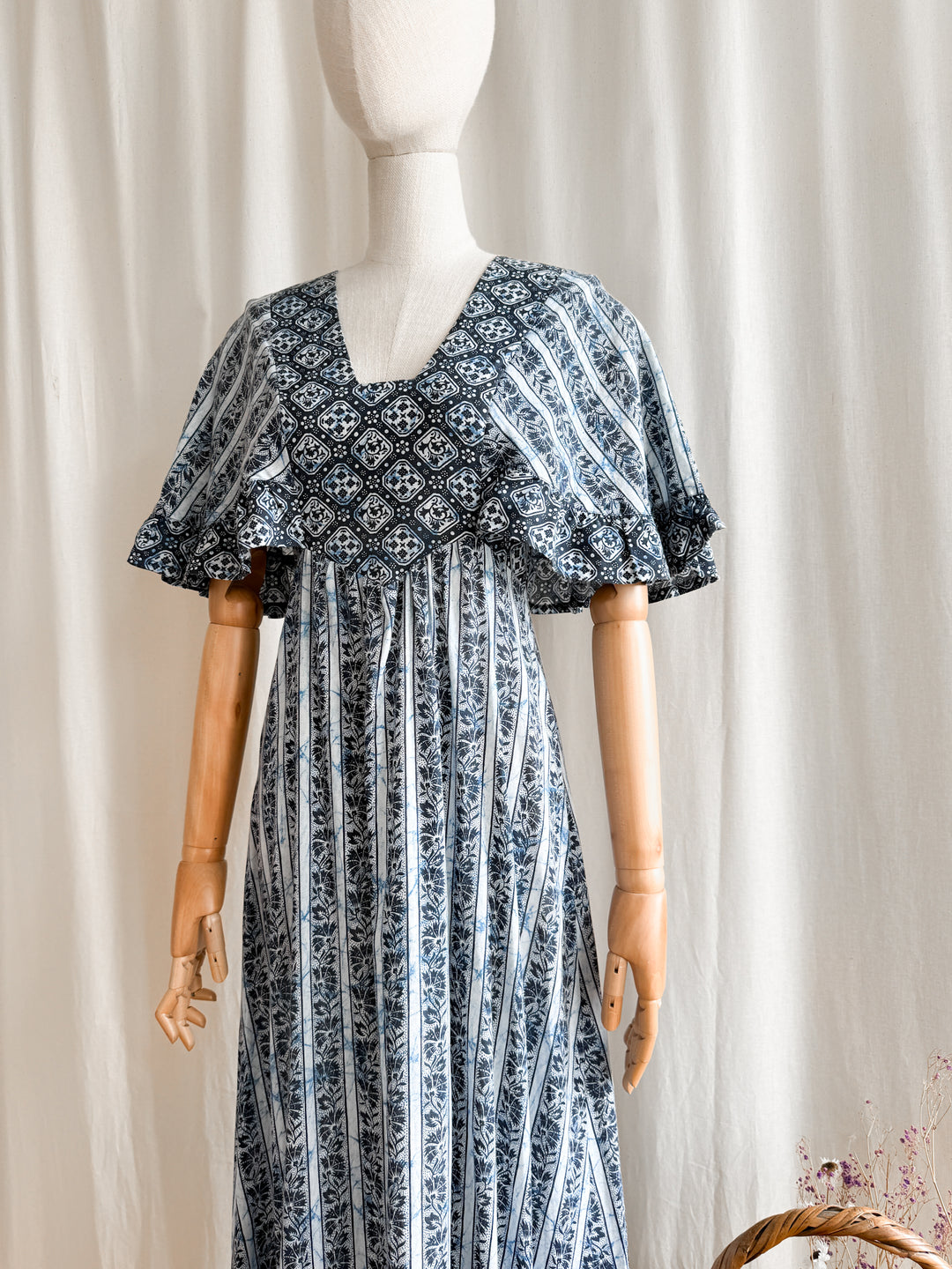 Stunning 70s Mister Ant Bohemian Blue Cotton Maxi Dress