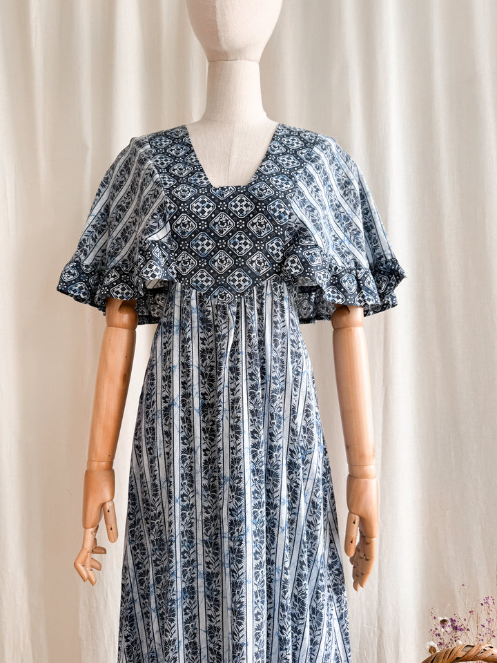 Stunning 70s Mister Ant Bohemian Blue Cotton Maxi Dress