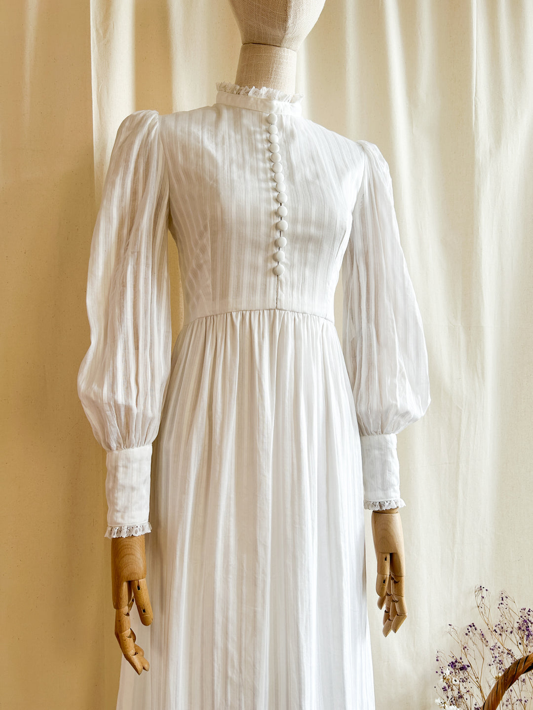 The Clarice ~ divine white self stripe cotton 70s maxi dress