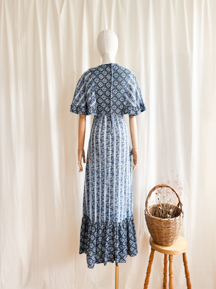 Stunning 70s Mister Ant Bohemian Blue Cotton Maxi Dress