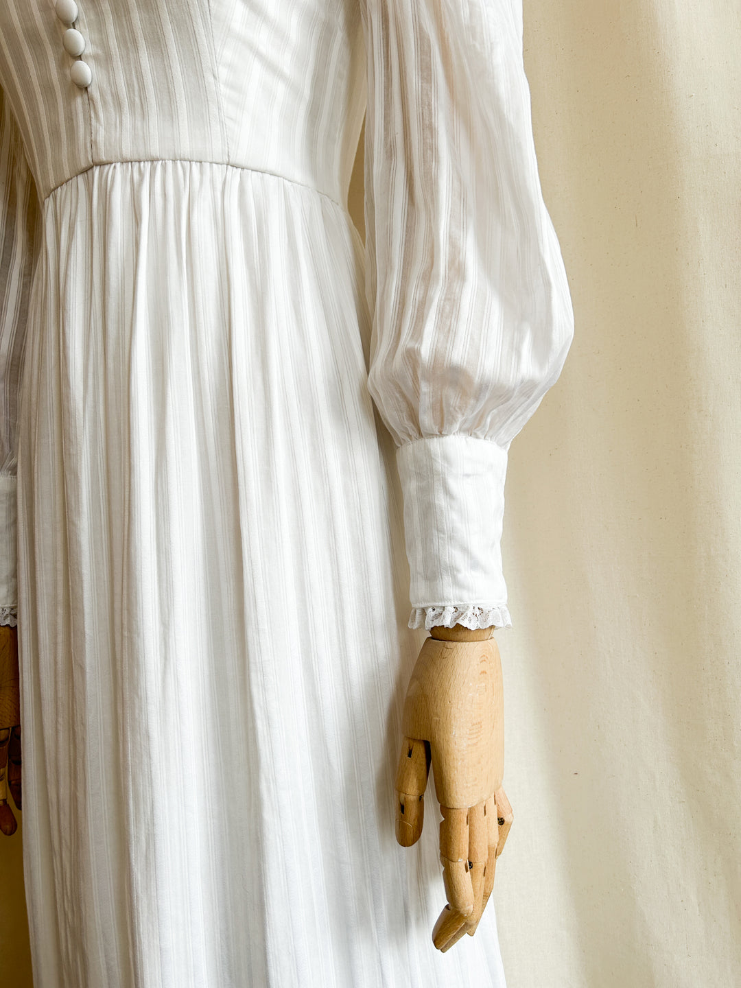 The Clarice ~ divine white self stripe cotton 70s maxi dress