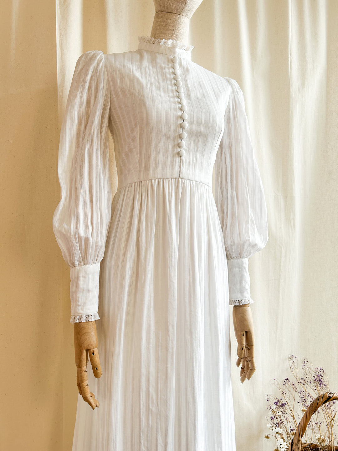 The Clarice ~ divine white self stripe cotton 70s maxi dress