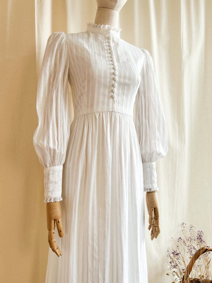 The Clarice ~ divine white self stripe cotton 70s maxi dress