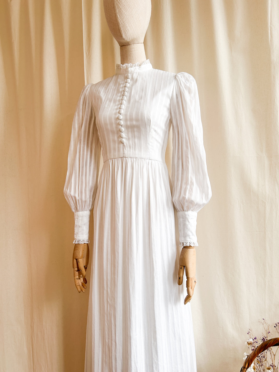 The Clarice ~ divine white self stripe cotton 70s maxi dress