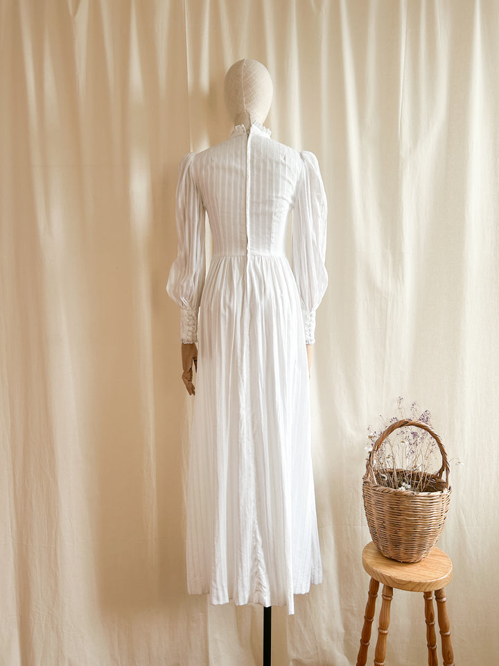 The Clarice ~ divine white self stripe cotton 70s maxi dress