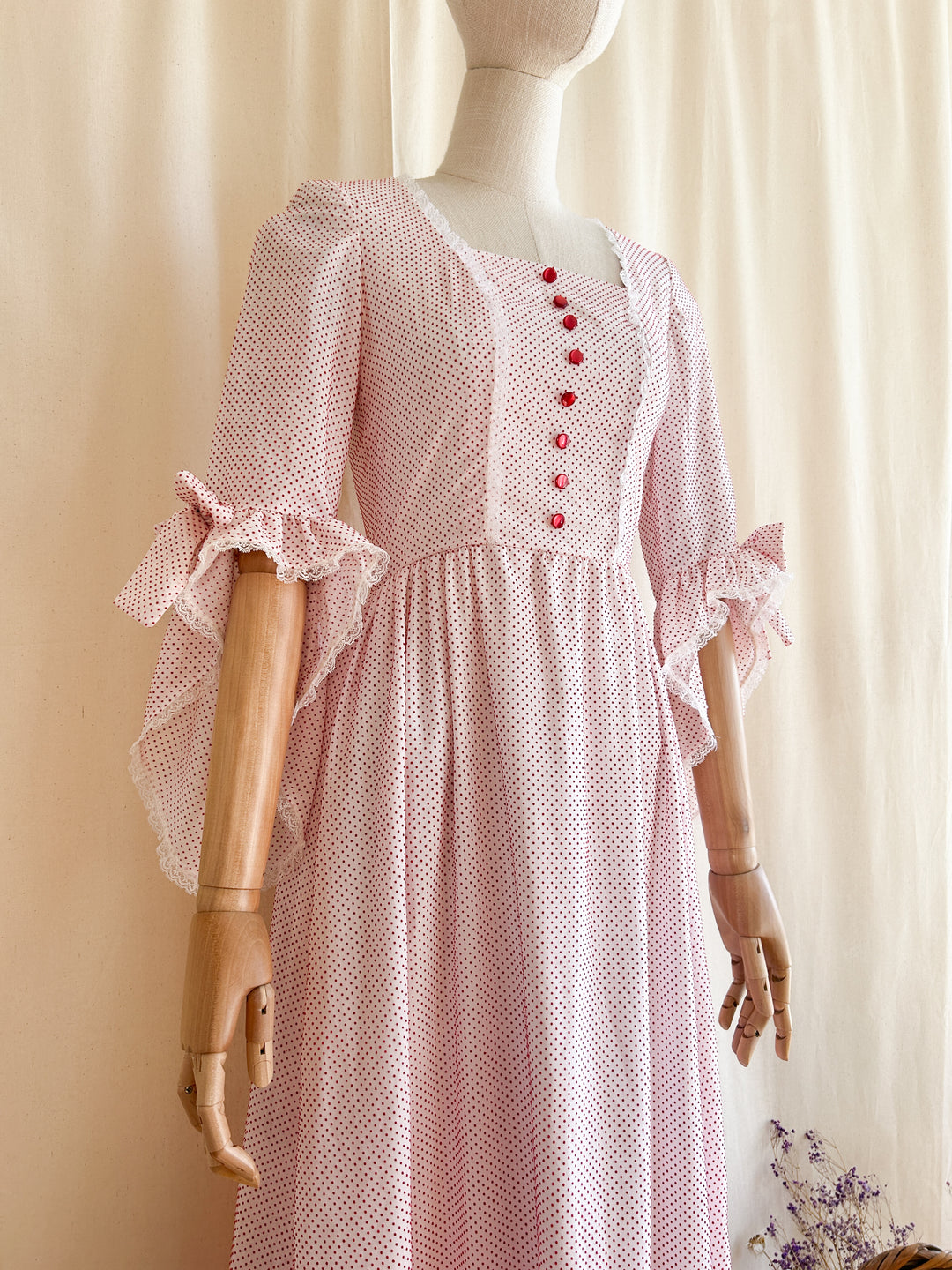 Stunning Rare Handmade Rococo 1970s Cotton Prairie Dress