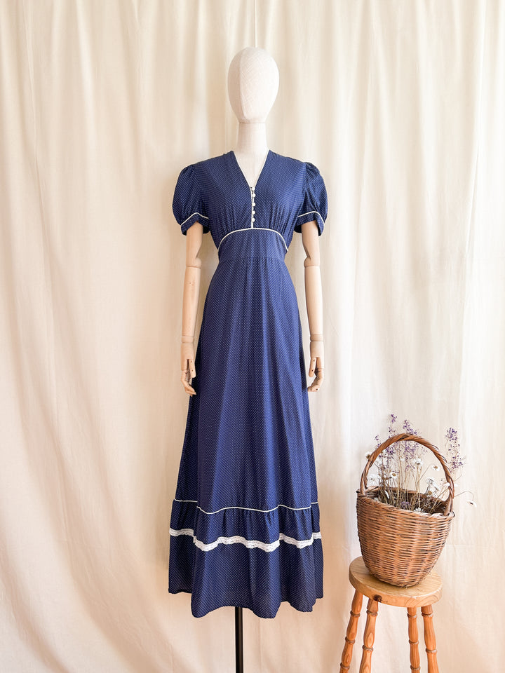 Gorge Navy Cotton 70s does 30s Polkadot Maxi Dress