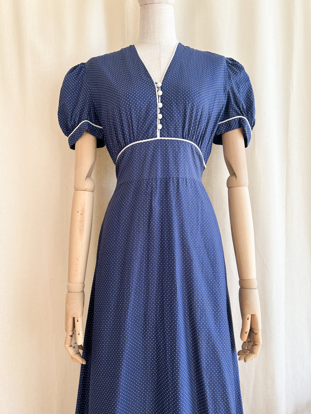 Gorge Navy Cotton 70s does 30s Polkadot Maxi Dress