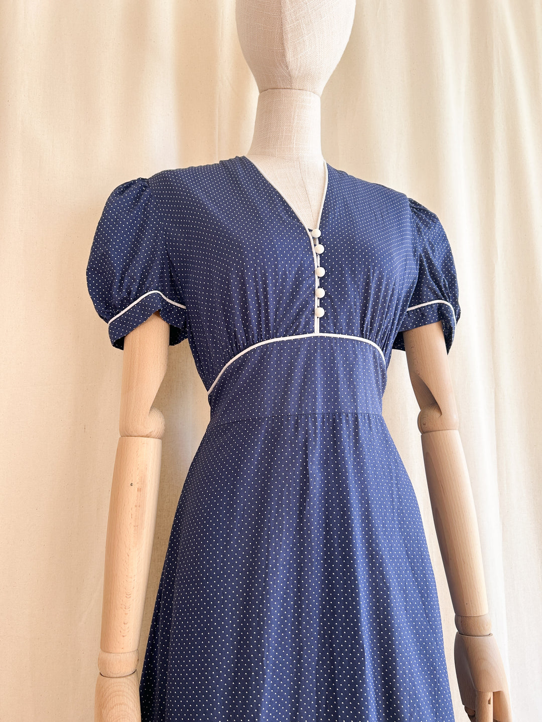 Gorge Navy Cotton 70s does 30s Polkadot Maxi Dress