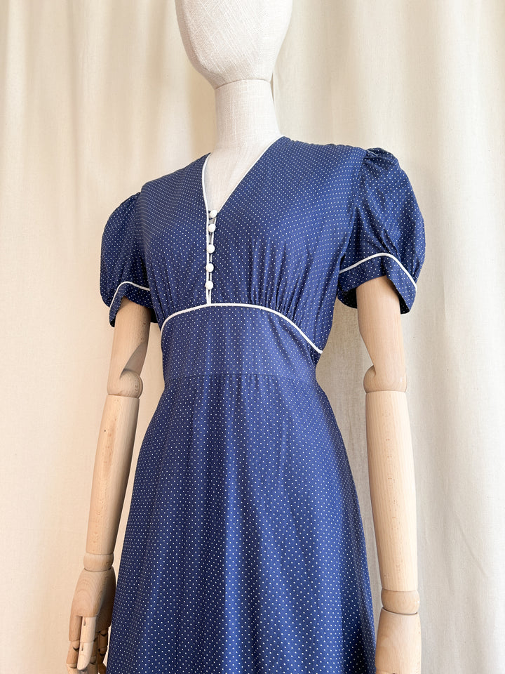 Gorge Navy Cotton 70s does 30s Polkadot Maxi Dress