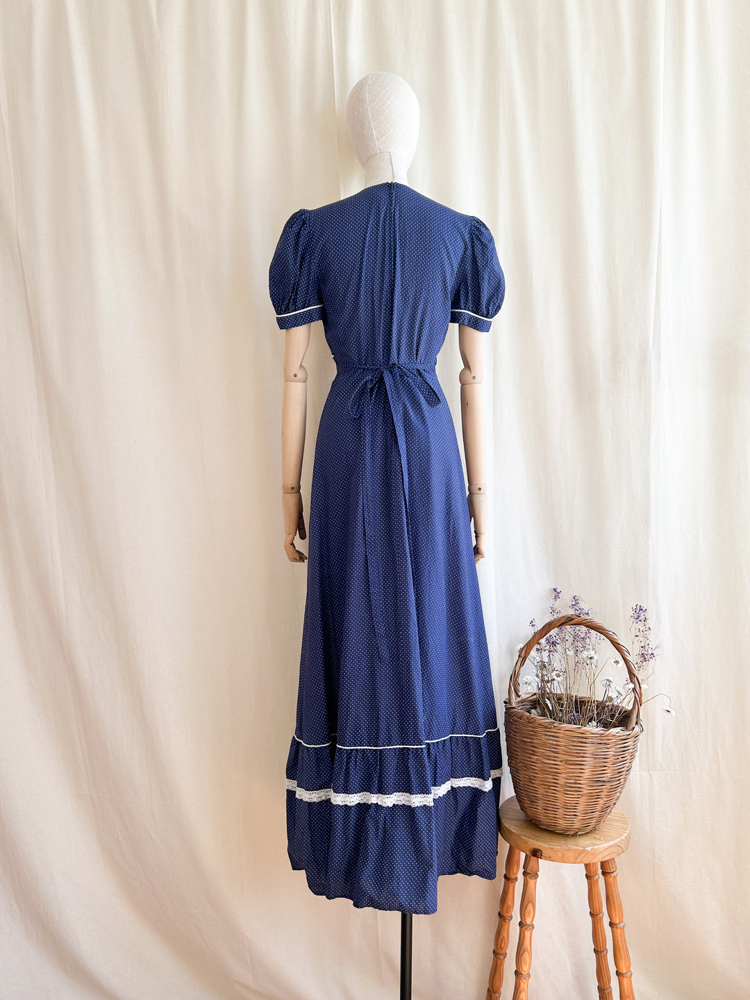 Gorge Navy Cotton 70s does 30s Polkadot Maxi Dress