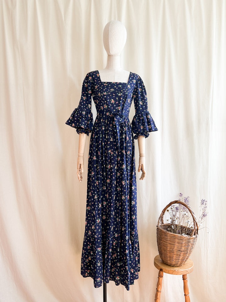 Breathtakingly Beautiful Rare 1970s Floral Cotton Navy Prairie Dress