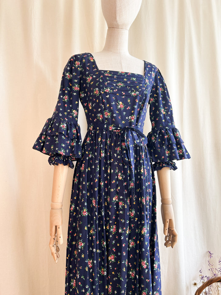 Breathtakingly Beautiful Rare 1970s Floral Cotton Navy Prairie Dress