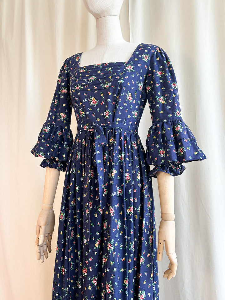 Breathtakingly Beautiful Rare 1970s Floral Cotton Navy Prairie Dress