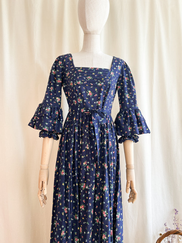 Breathtakingly Beautiful Rare 1970s Floral Cotton Navy Prairie Dress