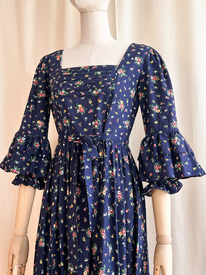 Breathtakingly Beautiful Rare 1970s Floral Cotton Navy Prairie Dress