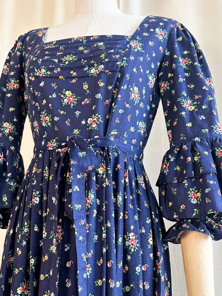 Breathtakingly Beautiful Rare 1970s Floral Cotton Navy Prairie Dress