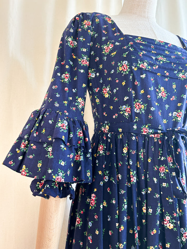 Breathtakingly Beautiful Rare 1970s Floral Cotton Navy Prairie Dress