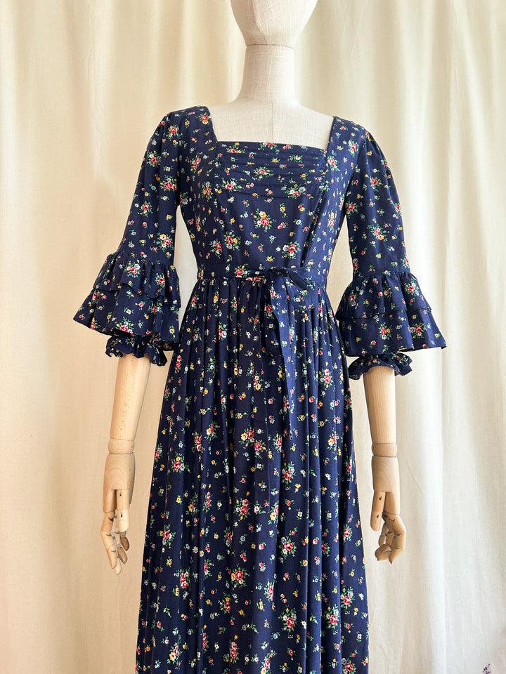 Breathtakingly Beautiful Rare 1970s Floral Cotton Navy Prairie Dress