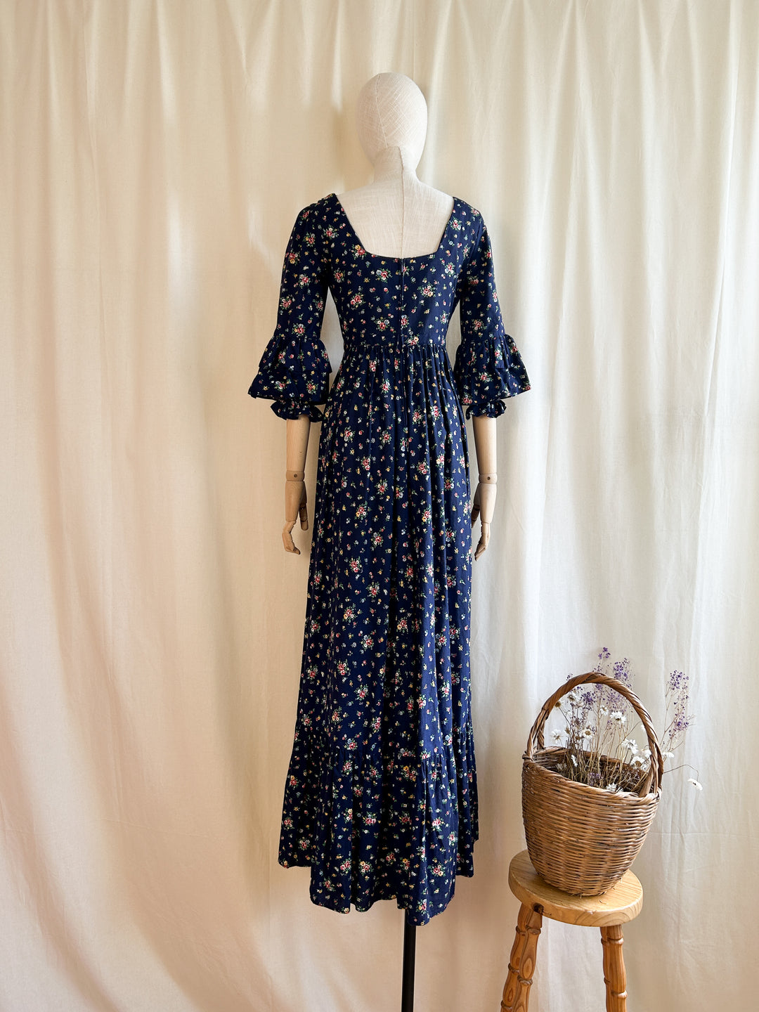 Breathtakingly Beautiful Rare 1970s Floral Cotton Navy Prairie Dress