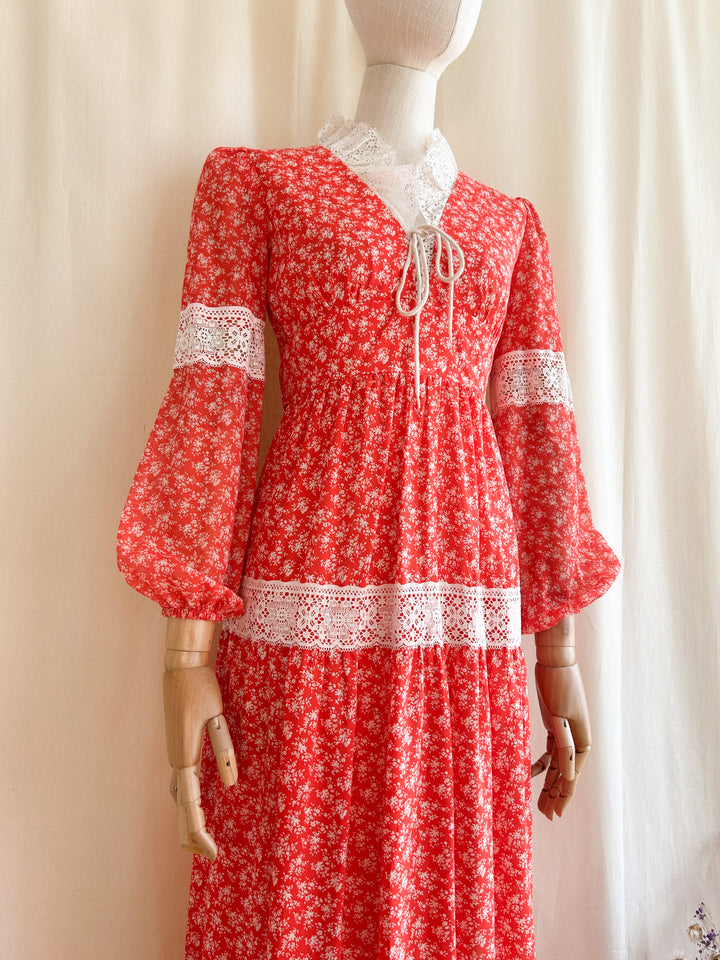 Gorgeous Rare Gunne Sax Style 1970s Red Floral Prairie Dress