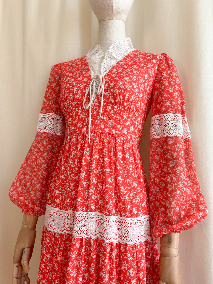 Gorgeous Rare Gunne Sax Style 1970s Red Floral Prairie Dress