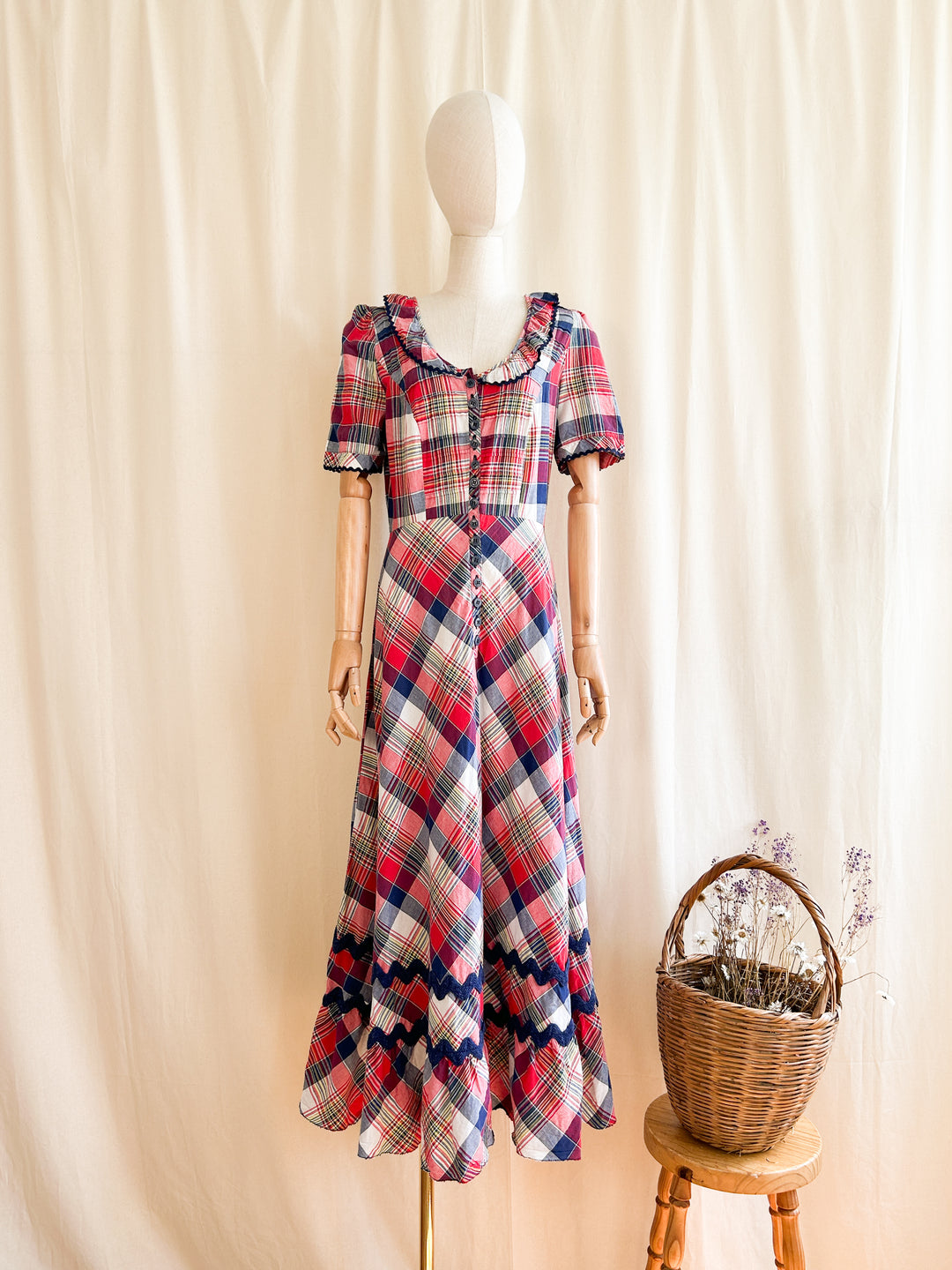 Cute Handmade 1970s Madras Plaid Cotton Prairie Dress