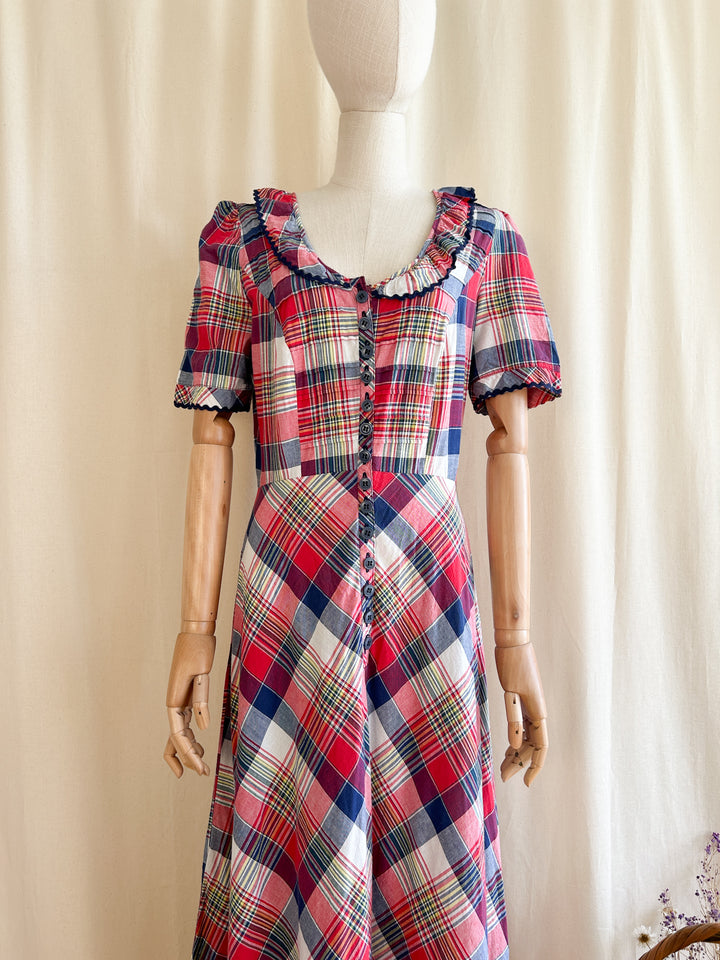 Cute Handmade 1970s Madras Plaid Cotton Prairie Dress