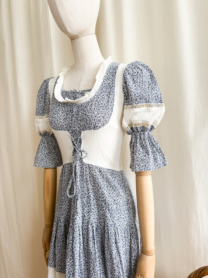 Stunning Rare 70s Cheesecloth Cotton Midi Dress